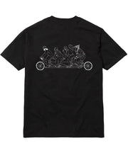Black t-shirt with a graphic design of people on a chariot on the back