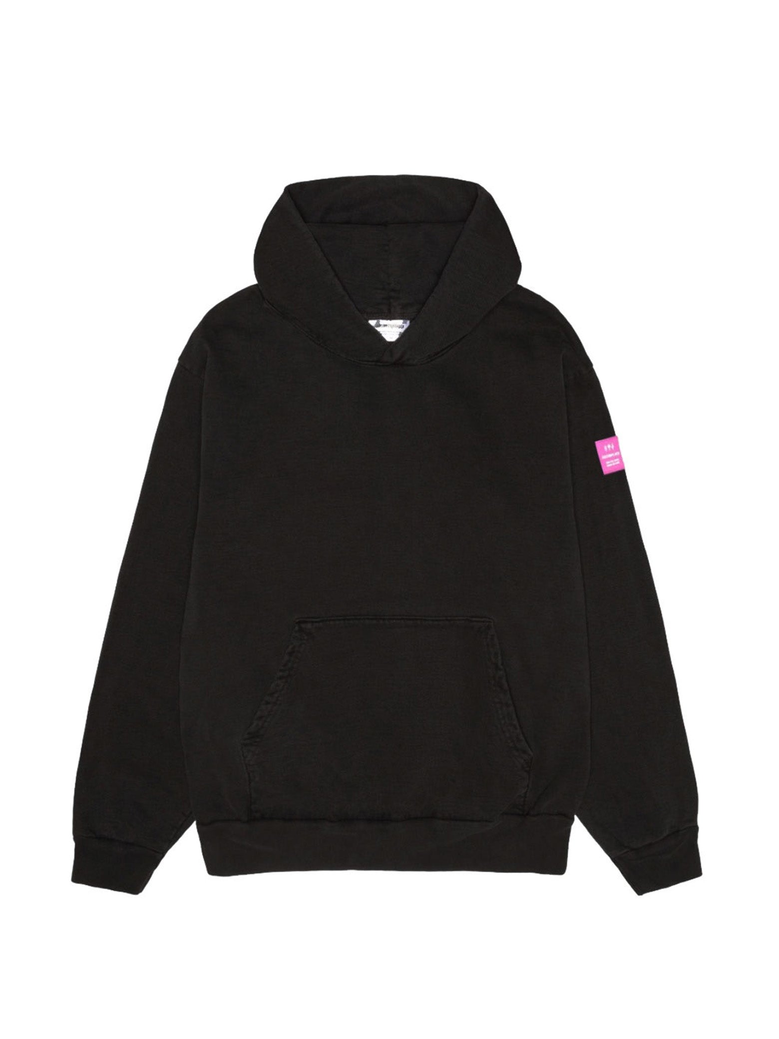 Black hoodie with a pink patch on a white background