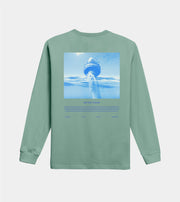 Green long-sleeve shirt with a graphic of a jellyfish and text on a light gray background
