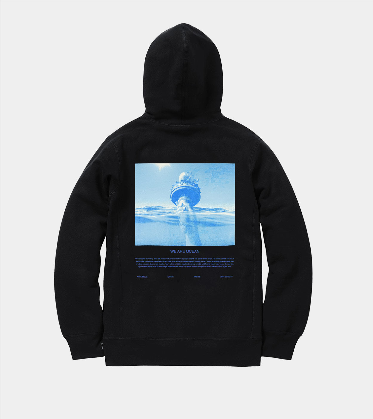 Black hoodie with a blue graphic on the back against a white background