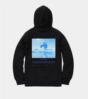 Black hoodie with a blue graphic on the back against a white background