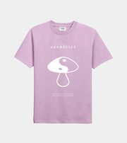 Purple t-shirt with white mushroom graphic and text on a light gray background