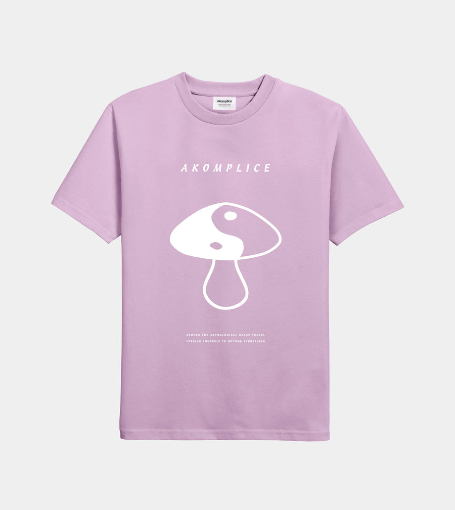 Purple t-shirt with white mushroom graphic and text on a light gray background