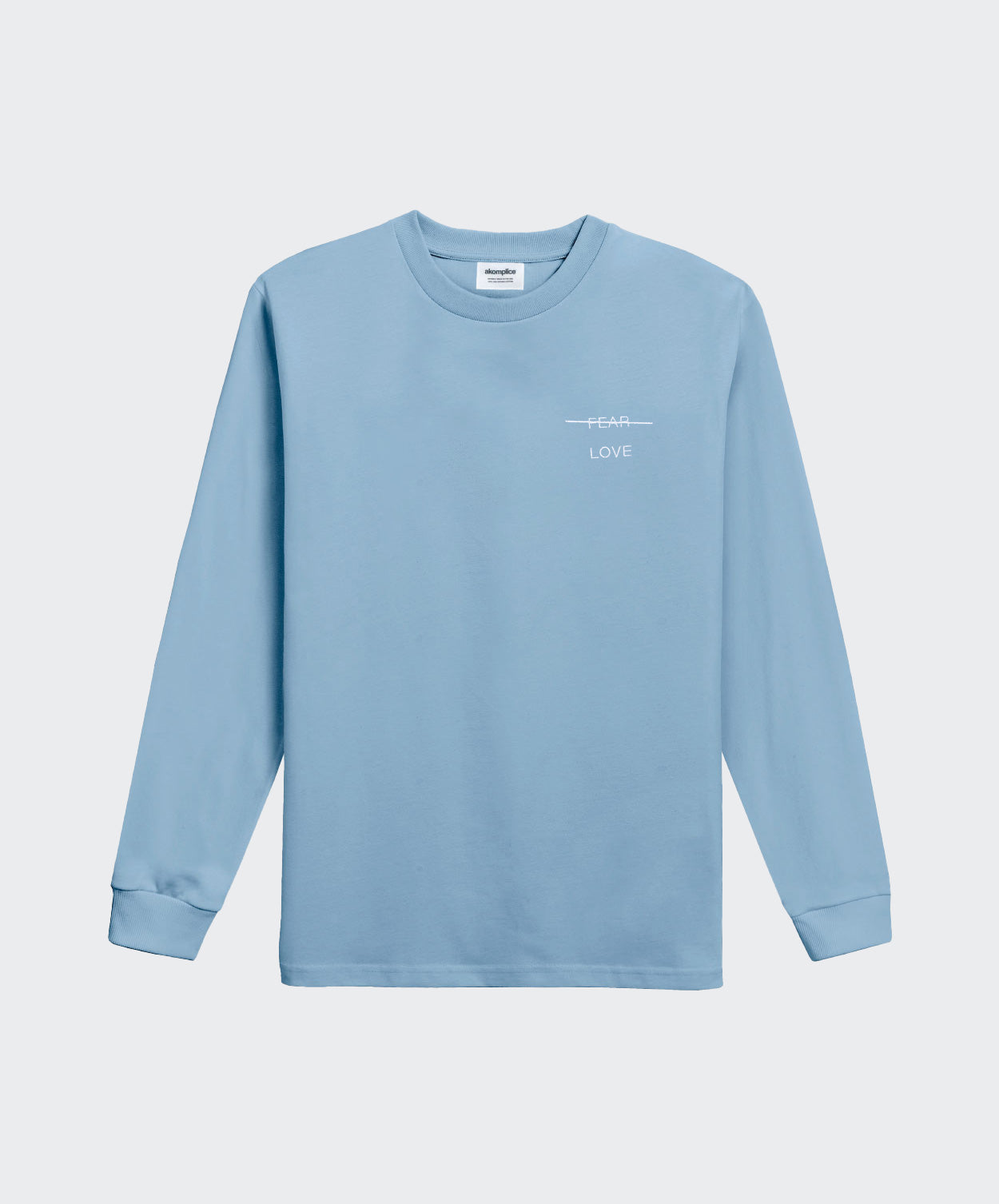 Light blue long-sleeve shirt with text on a white background
