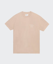 Beige t-shirt with a small logo on a white background