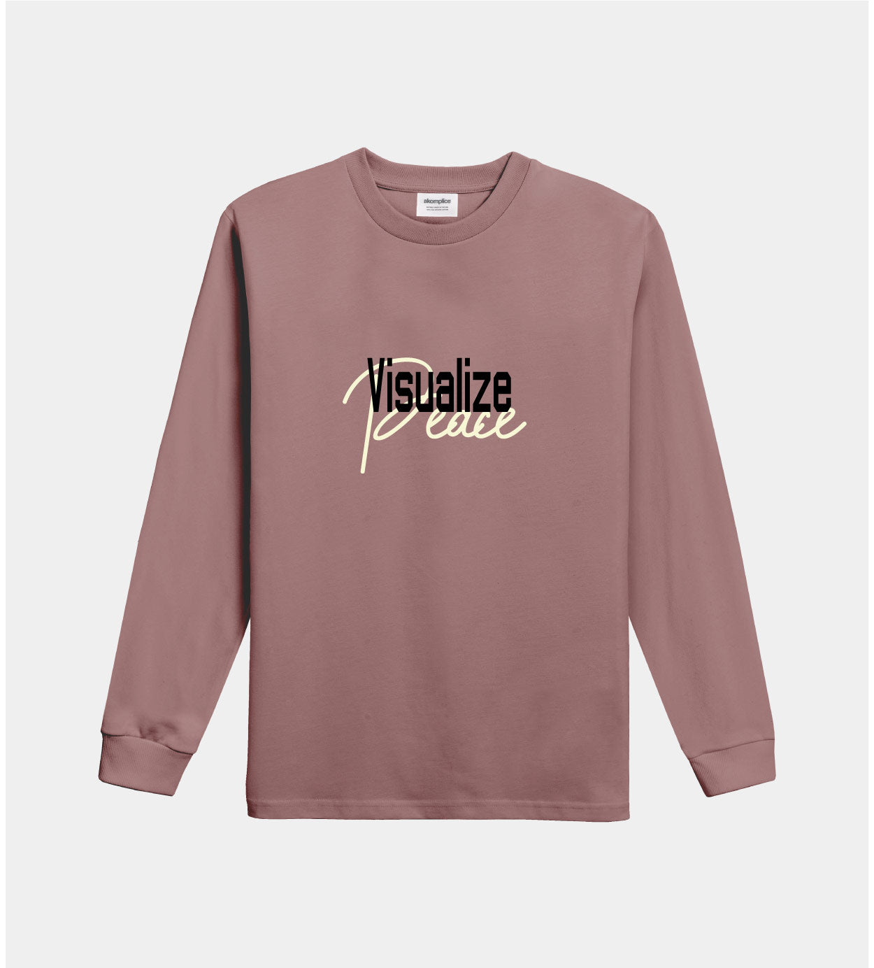 Mauve long-sleeve shirt with 'Visualize Peace' text on a white background