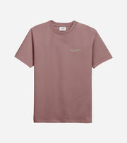 Mauve t-shirt with a small logo on a light gray background