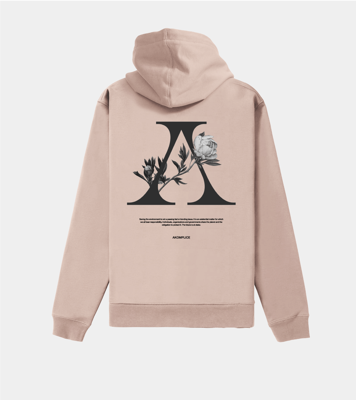 Beige hoodie with a black logo and text on the back against a white background