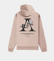 Beige hoodie with a black logo and text on the back against a white background