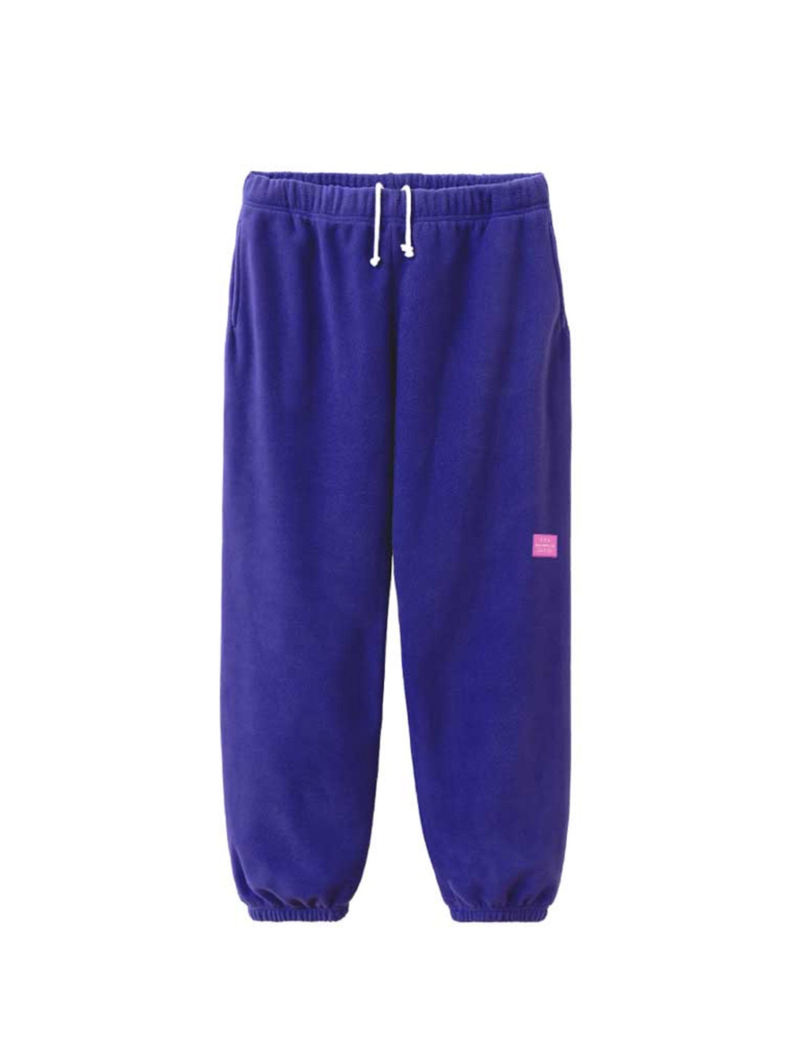 Blue sweatpants with a pink logo on a white background