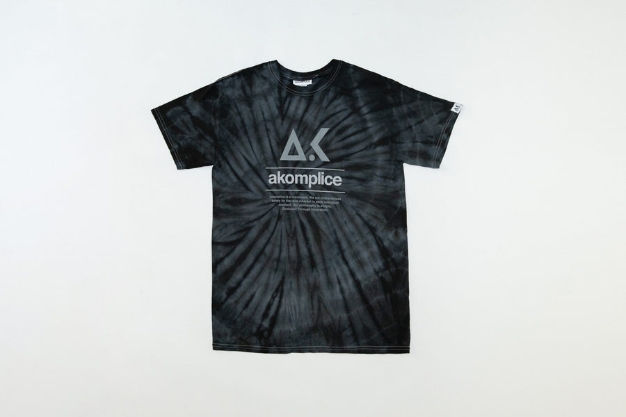 Tie-dye t-shirt with a logo and text on a white background