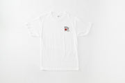 White sleeveless shirt with a small logo on a white background