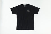 Black t-shirt with a small logo on a white background