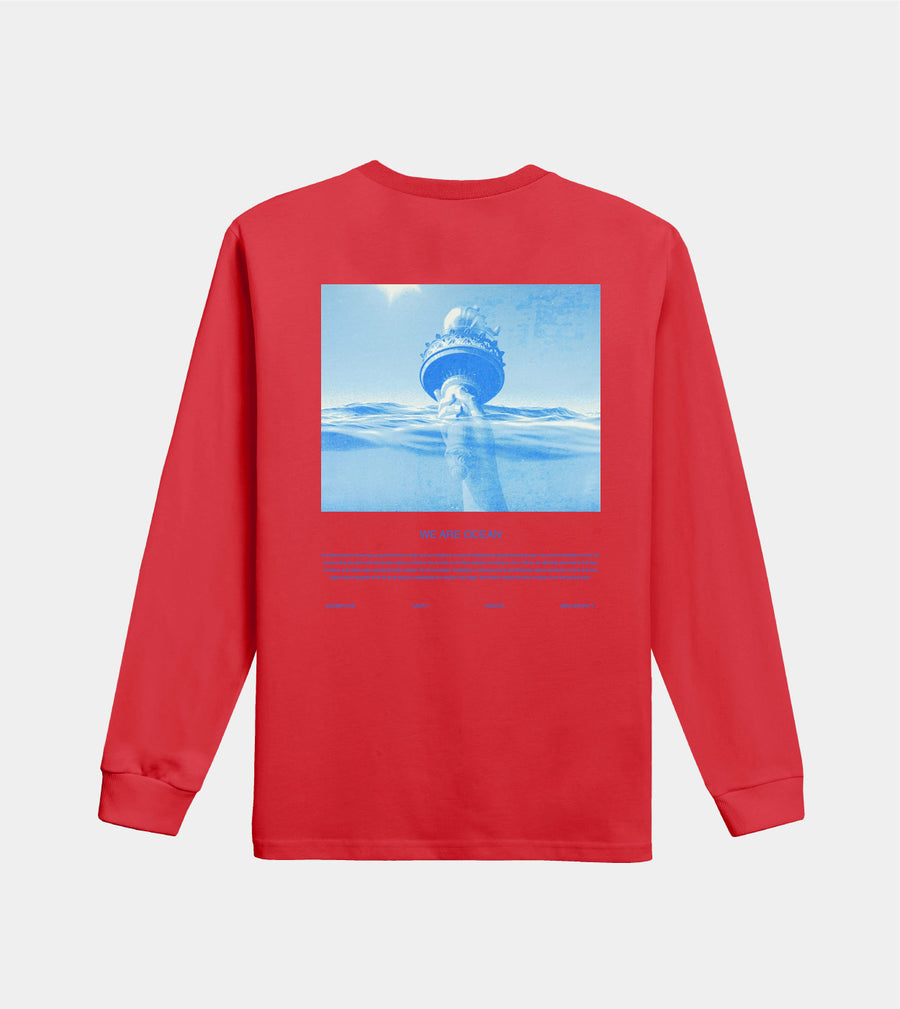 Red long-sleeve shirt with a graphic of a water bottle on a white background