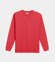 Red long-sleeve shirt with a small logo on a light gray background