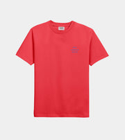 Red t-shirt with a small blue logo on a light gray background