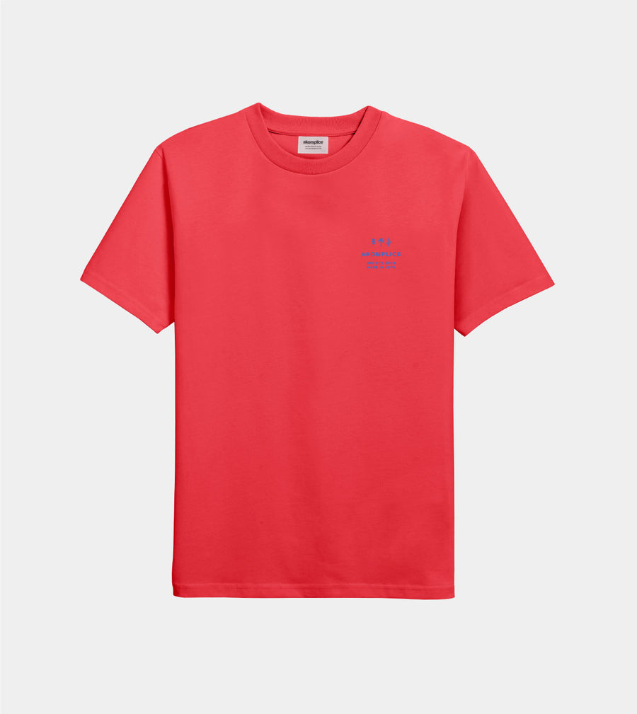 Red t-shirt with a small blue logo on a light gray background
