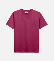 Pink t-shirt with a small logo on a white background