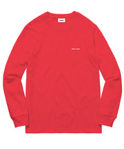 Red long-sleeve shirt with a small white logo on a white background