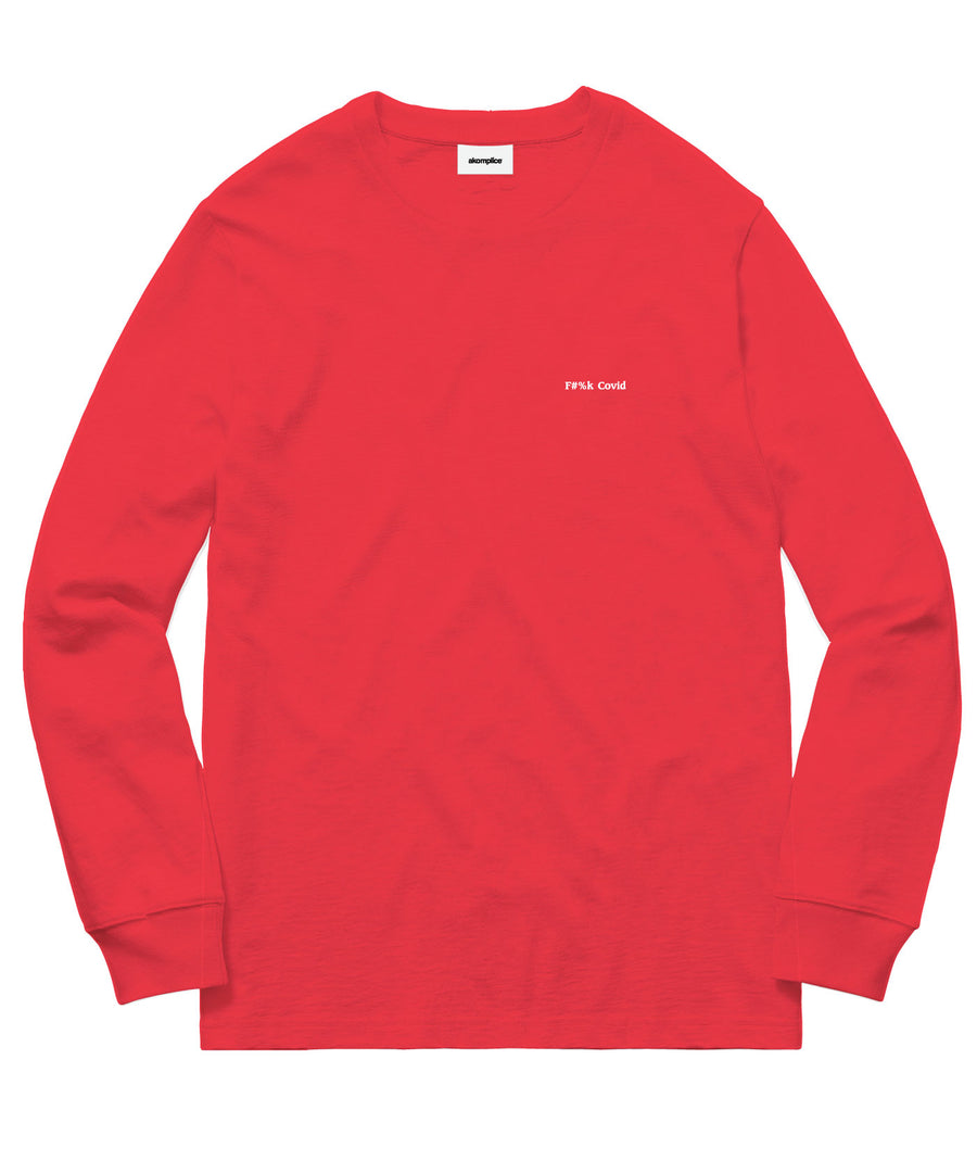 Red long-sleeve shirt with a small white logo on a white background