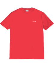 Red t-shirt with a small white logo on a white background