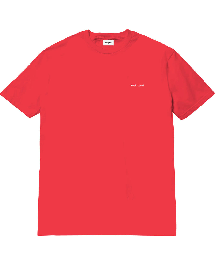 Red t-shirt with a small white logo on a white background