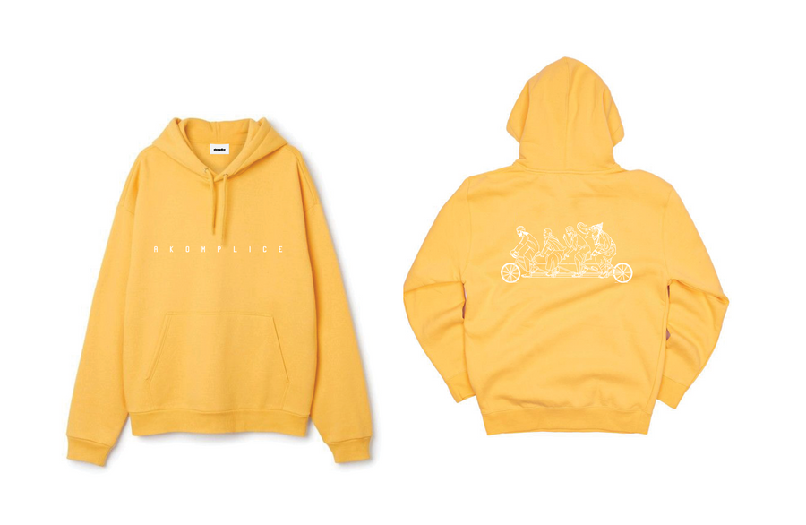 Yellow hoodie with front and back designs on a white background