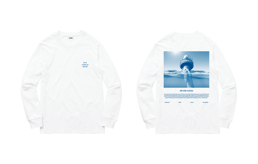 Two white sweatshirts with a blue graphic of a ship and text on a white background