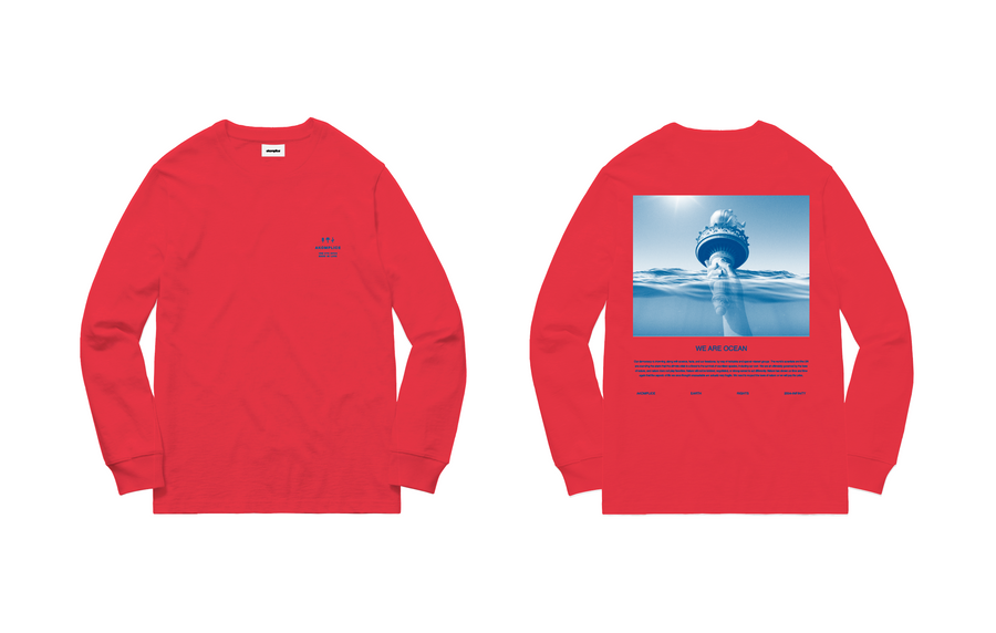Red long-sleeve shirt with a graphic design on the front and back on a white background