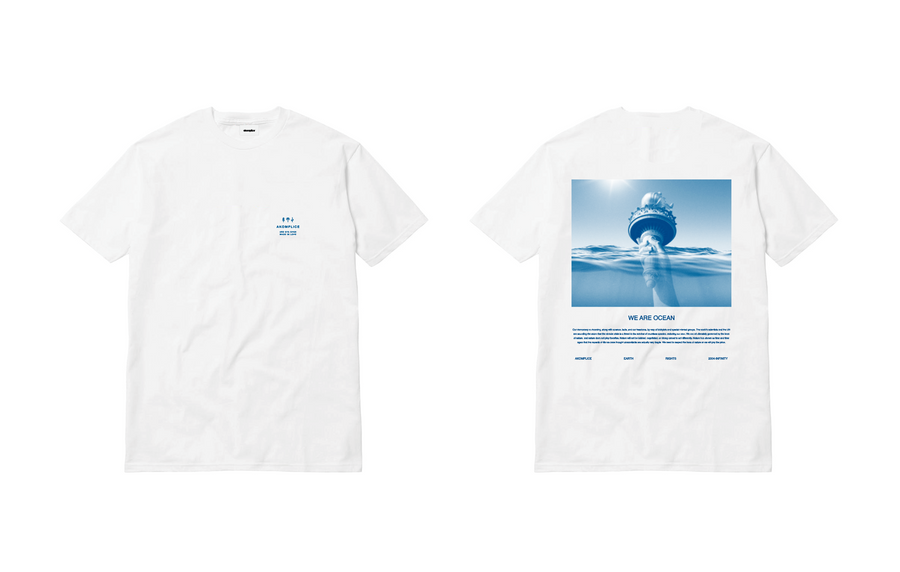 White t-shirt with a graphic of a ship and ocean on a white background