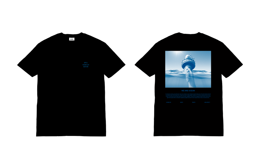 Black t-shirt with a graphic design on the front and a small logo on the sleeve, displayed on a white background.