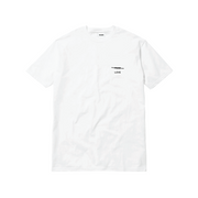 White t-shirt with a small black logo on a white background