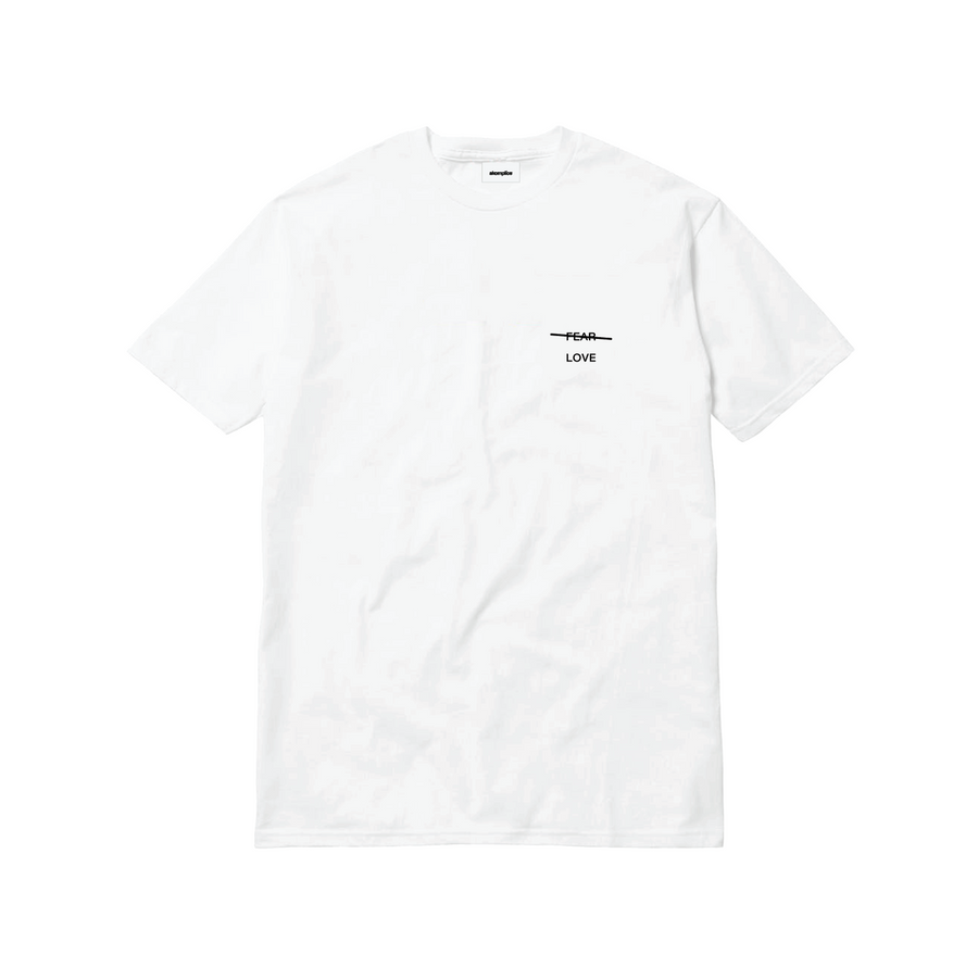 White t-shirt with a small black logo on a white background
