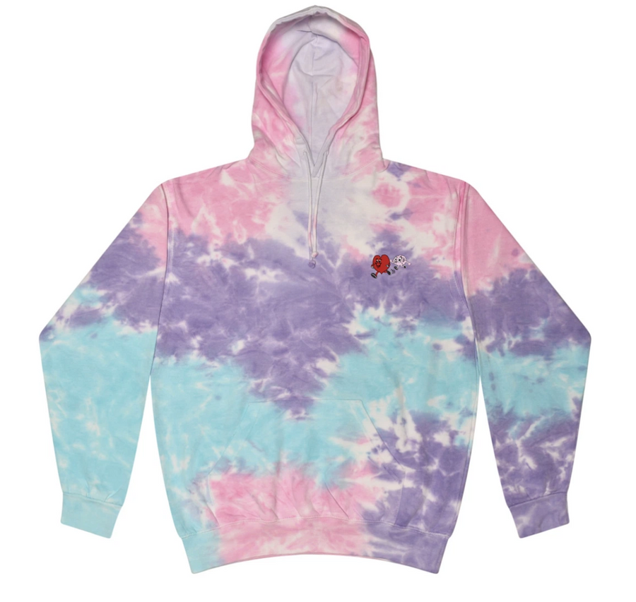 Tie-dye hoodie with a small logo on a white background