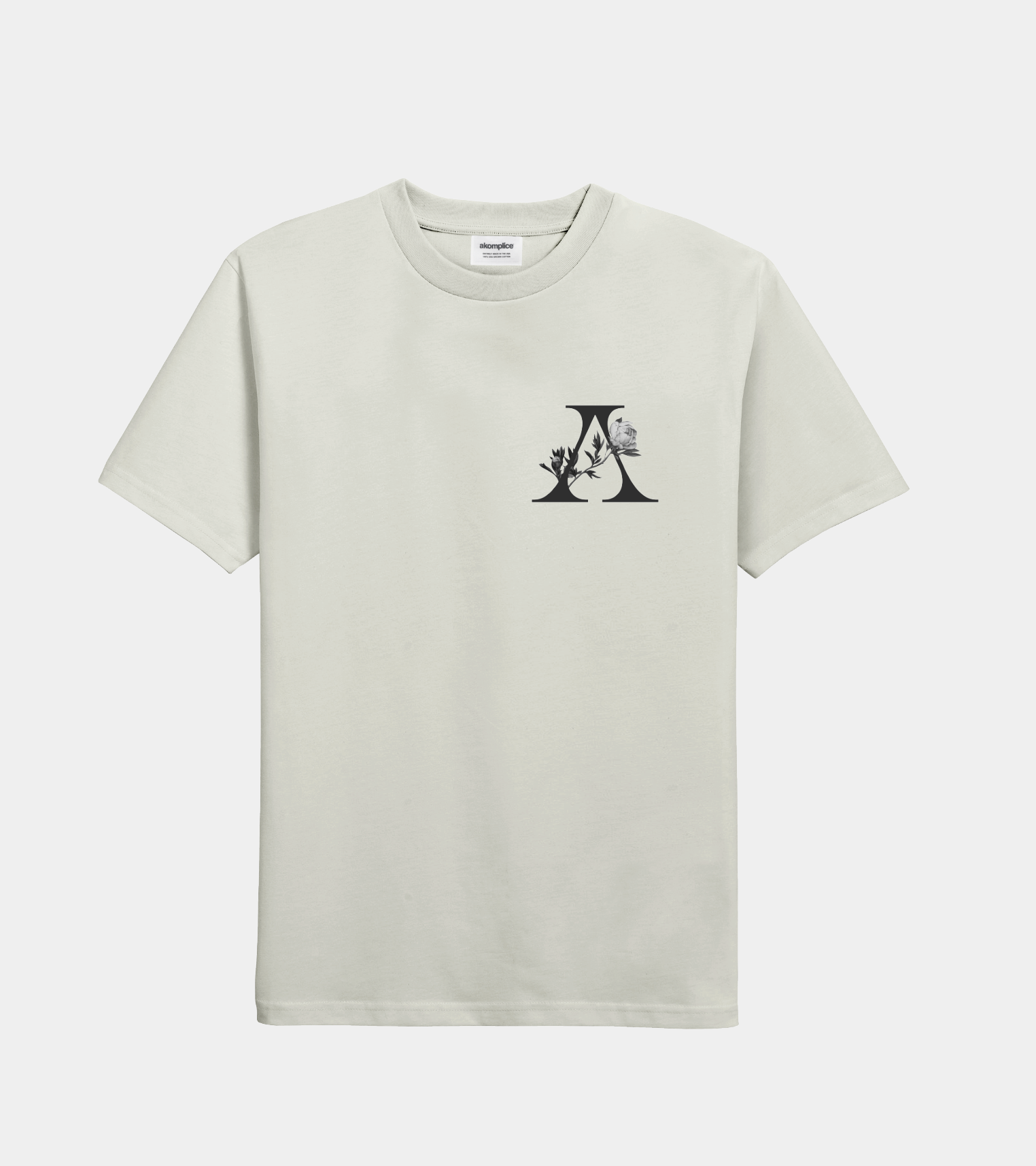 Beige t-shirt with a black logo on a white background
