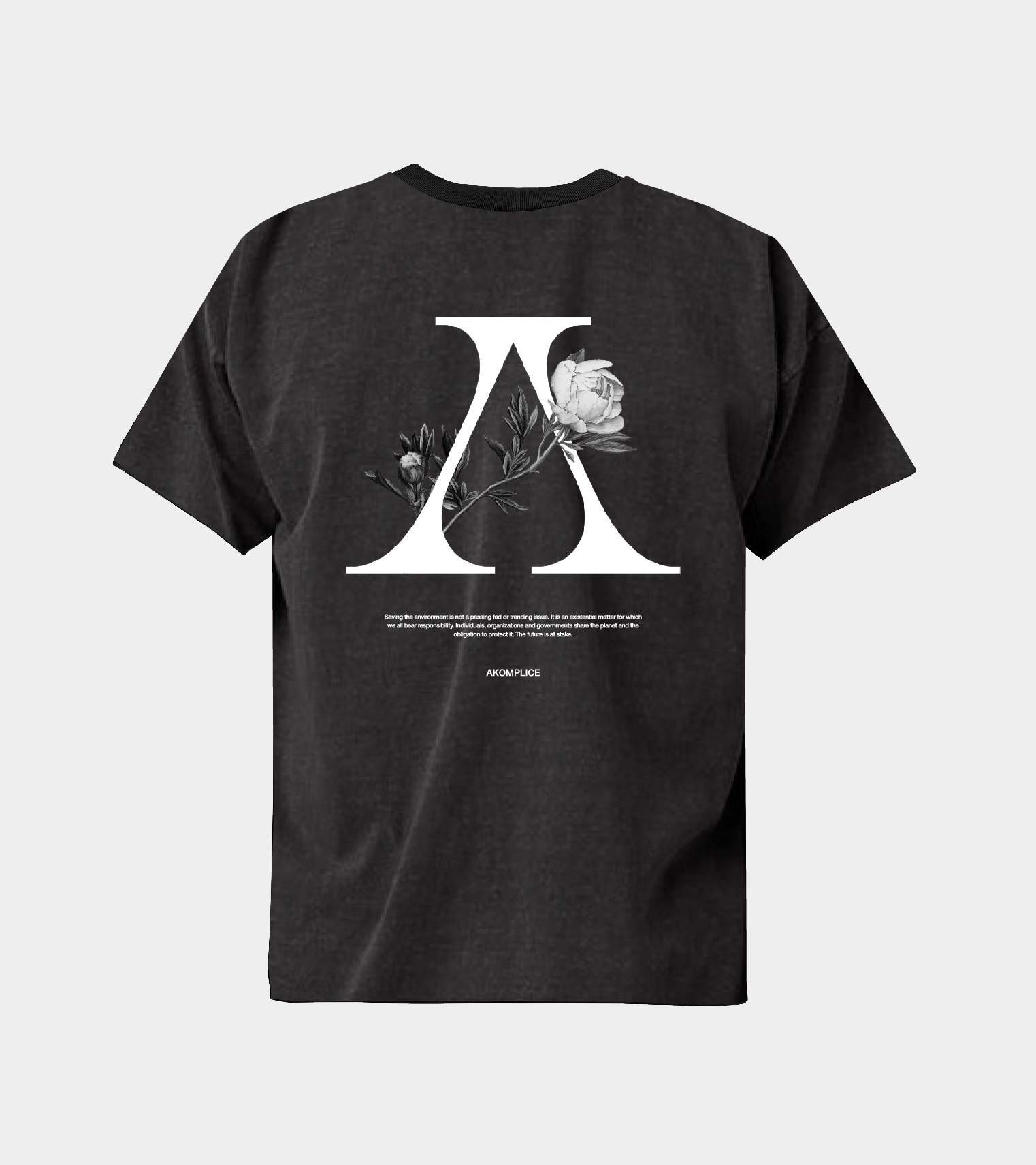 Black t-shirt with a white letter 'A' design featuring a rose on a light gray background