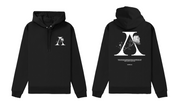 Black hoodie with white graphic design on front and back
