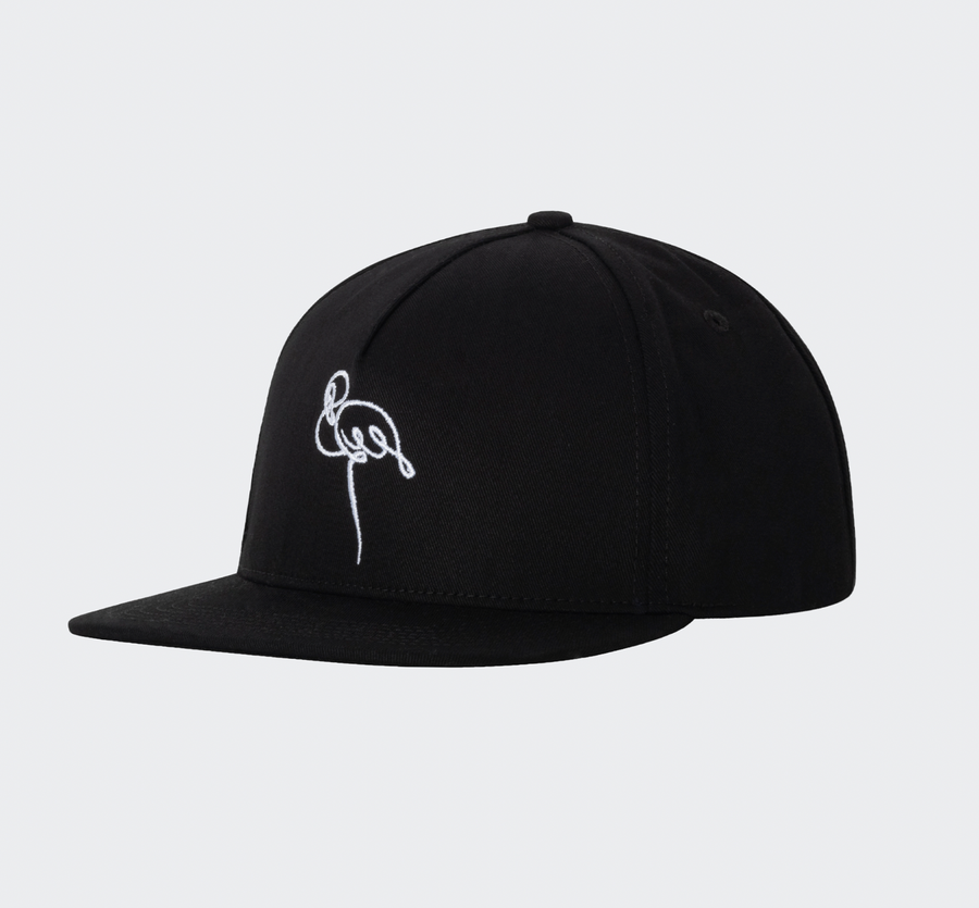 Black cap with a white logo on a light gray background