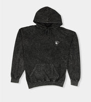Black hoodie with a logo on a light gray background