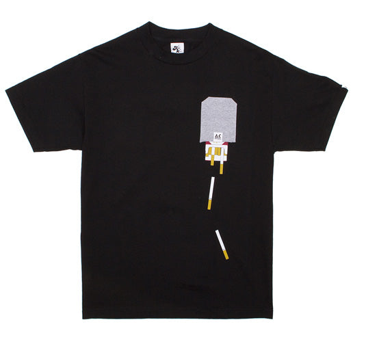 Black t-shirt with a graphic design on a white background