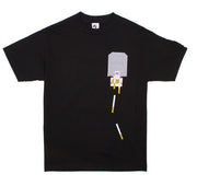 Black t-shirt with a graphic design on a white background