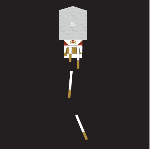 Diagram of a rocket with a smoke trail on a black background