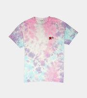 Tie-dye t-shirt with a small red heart design on a white background