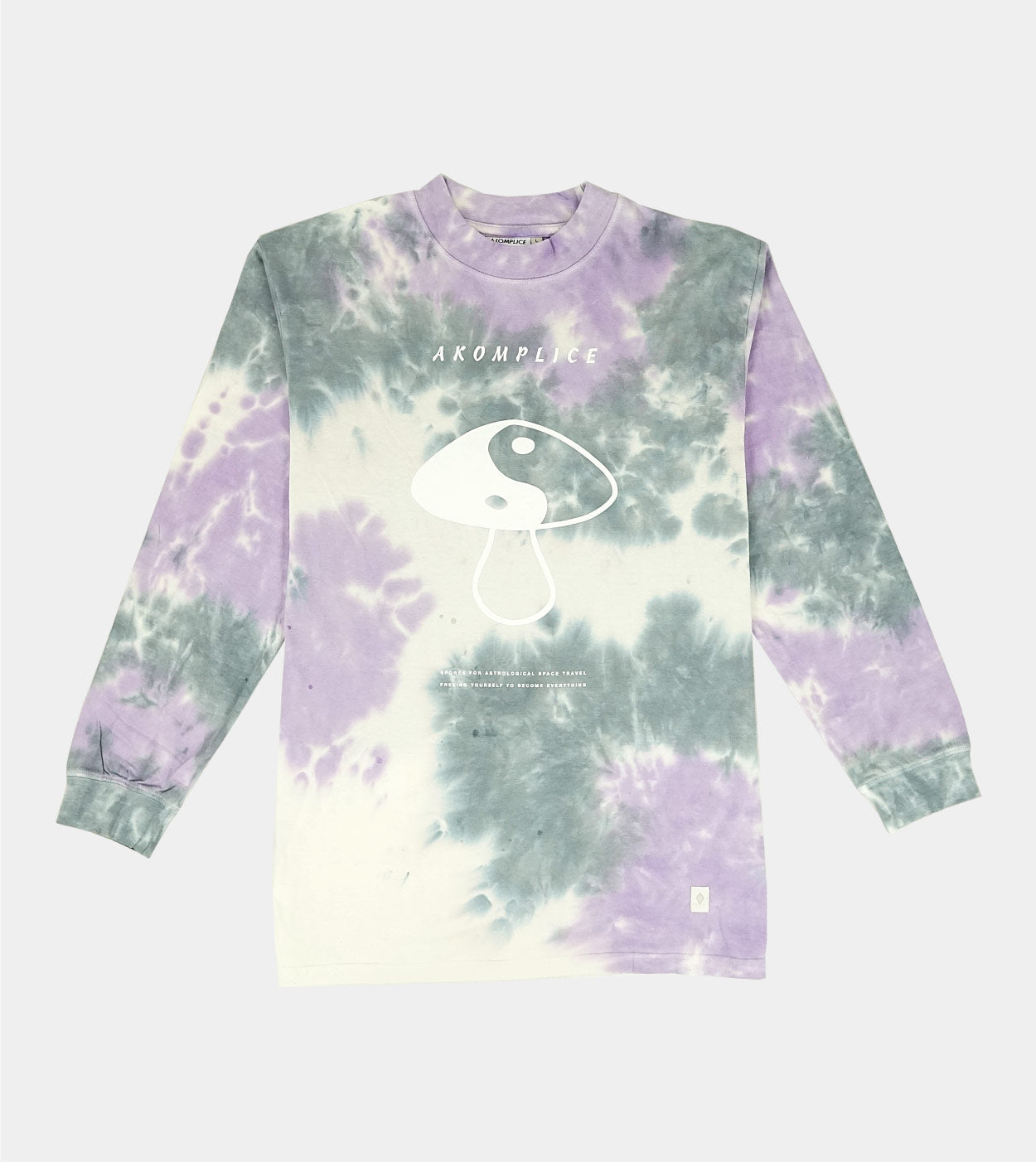 Tie-dye long-sleeve shirt with a logo on a light gray background