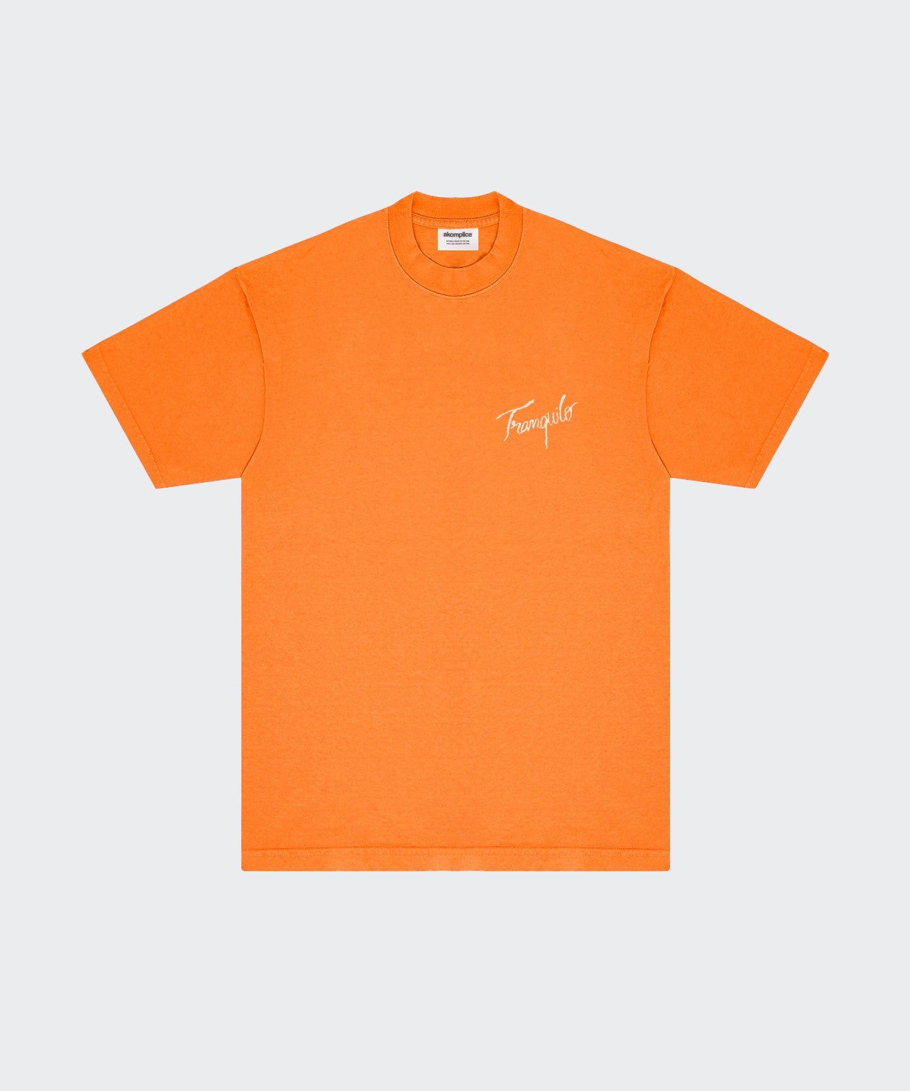 Orange t-shirt with a brand logo on a light gray background