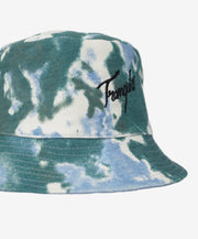 Tie-dye bucket hat with embroidered text on a white background