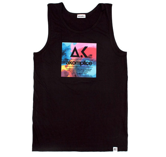 Black tank top with colorful 'akomplice' logo on a white background