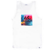 White tank top with a colorful graphic and 'akomplice' logo on a white background