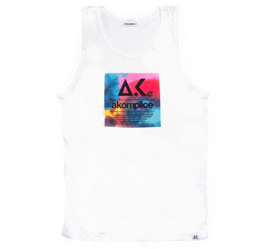 White tank top with a colorful graphic and 'akomplice' logo on a white background