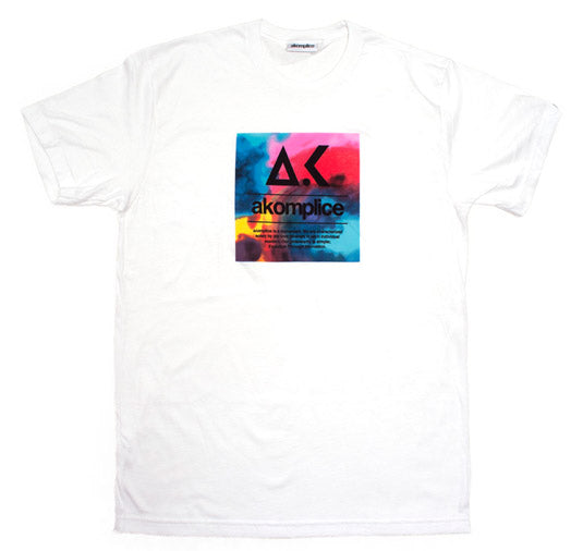 White t-shirt with a colorful logo and text on a white background